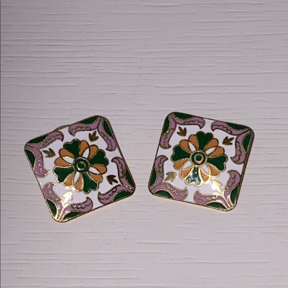 Vintage Enamel Square Earrings In Green Pink Dark Yellow/Orange Enamel On Stud - Picture 1 of 7